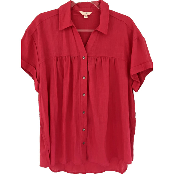 Women's Short Sleeve Button Down Camp Shirt Raspberry Sz 1X Linen Like Preppy - Picture 1 of 7